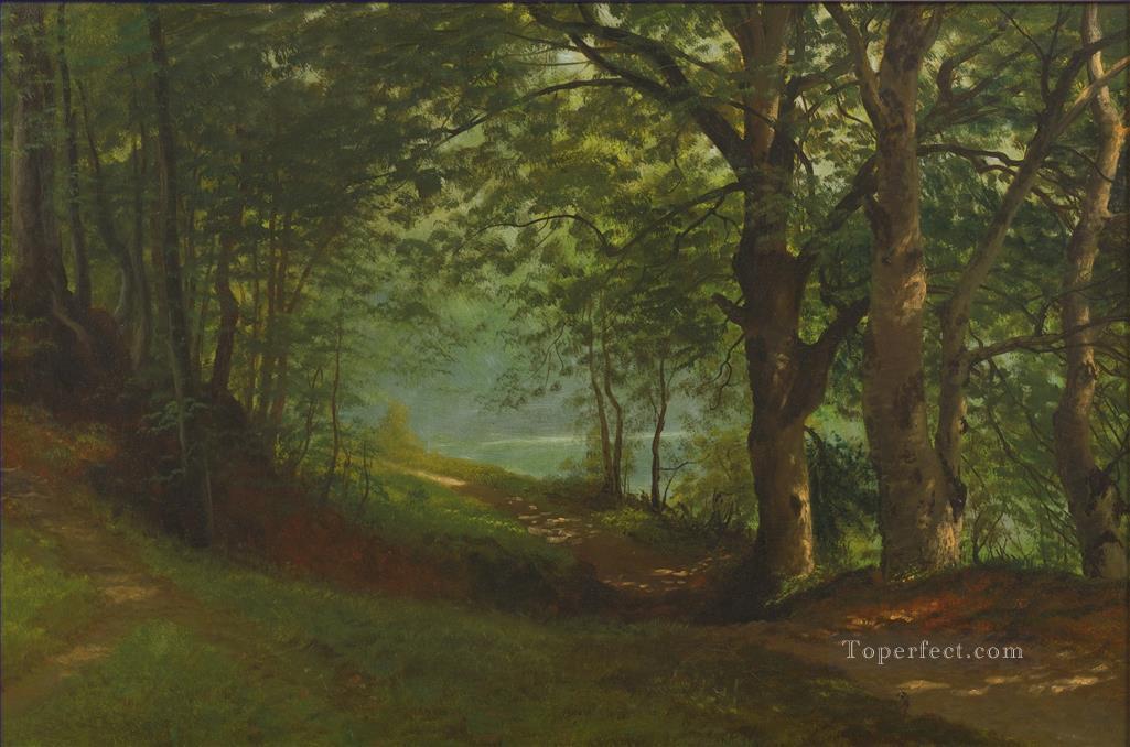CAMINO JUNTO A UN LAGO EN UN BOSQUE Paisaje de árboles del americano Albert Bierstadt Pintura al óleo